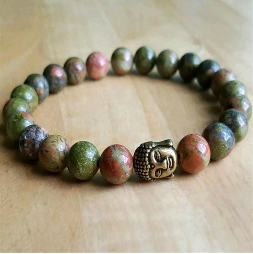 8mm Natural Epidote, Handmade, Mala Bracelet Unisex Yoga Chakra Bracelet. C574-B